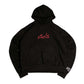 Black hoodie with red text on a white background