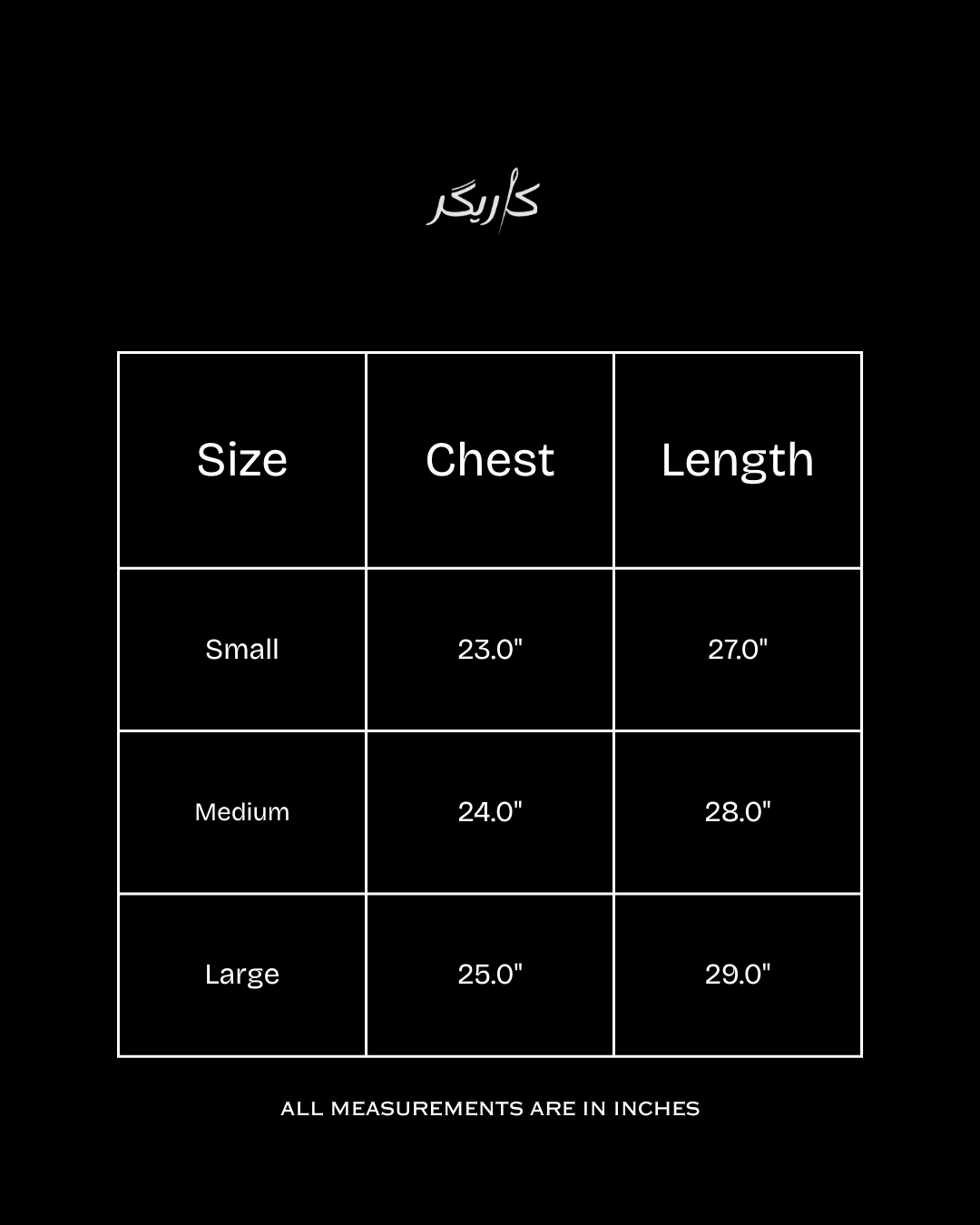 Size chart for clothing with measurements in inches on a black background